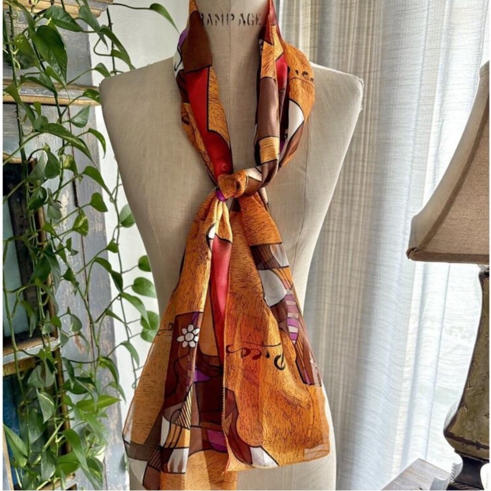 Vintage 80's Picasso Scarf Abstract Art Silky Satin Art Deco Cubism Gold 60”x13”